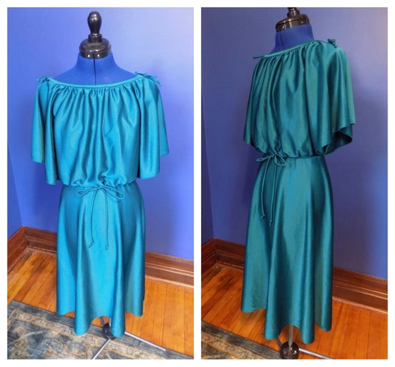 Vintage 1970s Dark Teal Green Boho Shiny Dress - image 1