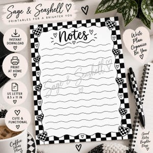 May include: A printable notes page featuring a black and white checkered border with small heart accents. The center contains wavy horizontal lines for writing and the word Notes at the top. The page is labeled as US Letter 8.5 x 11 inches.