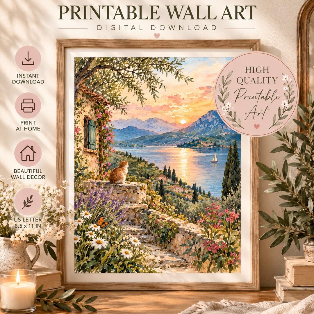 Watercolor Cat Wall Art Printable Scenic Nature Digital Download - Etsy