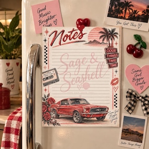 May include: A rectangular notepad with a vintage aesthetic featuring a red classic car, red roses, a cassette tape, and palm trees. The text reads Notes, Sage & Seashell, Good Things Take Time, and Est 2024. The page has horizontal lines for writing.
