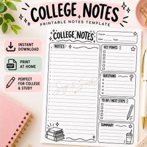 Può includere: Un modello di appunti stampabile bianco intitolato College Notes con sezioni per corso, data, argomento, note, punti chiave, domande, prossimi passi e riassunto. Il layout presenta disegni a linee nere, icone a stella e una matita.