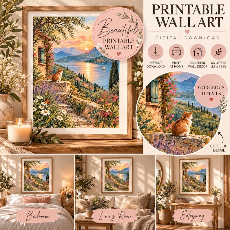 Watercolor Cat Wall Art Printable Scenic Nature Digital Download - Etsy
