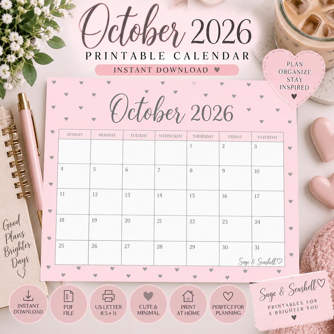 Oktober 2026 Kalender zum Ausdrucken, rosa Herz, Monatsplaner (PDF