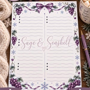 May include: A white printable stationery sheet with a purple grape and snowflake border, featuring a central purple bow, wavy lines for writing, and the text Sage & Seashell. The sheet is labeled as US Letter 8.5 x 11 inches in size.