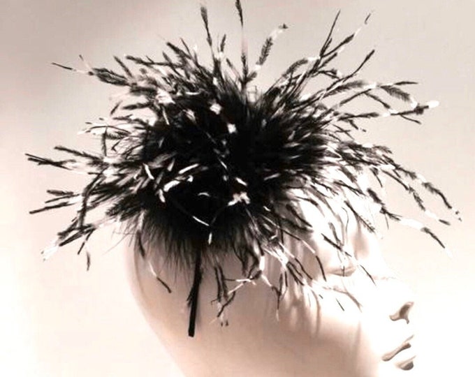 Black white feather Fascinator- Derby - Cocktail Hat
