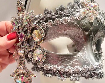 Silver Mask- Rhinestone Mardi Gras Mask- Masquerade