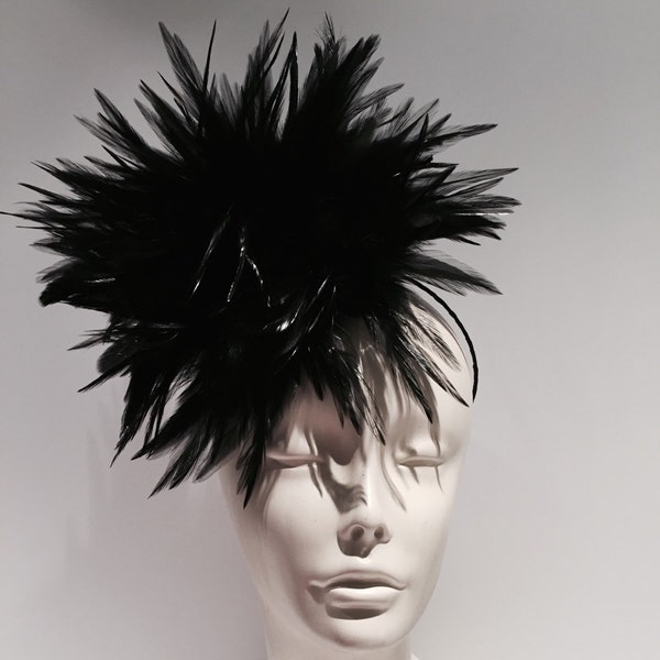 Black Fascinator- Feather headpiece- Polo- Wedding