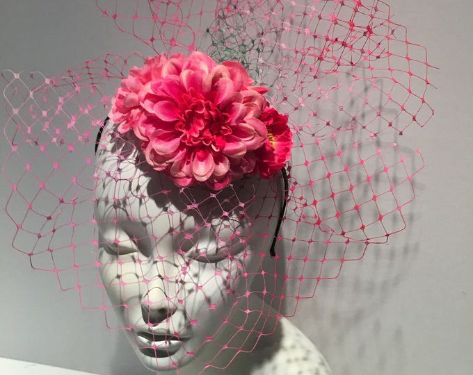 Fascinators- Pink Derby Hat- Bird Cage veil