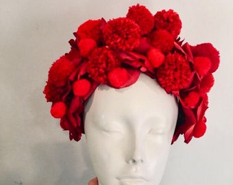 Pom pom headpiece -Red Headband- Whimsical