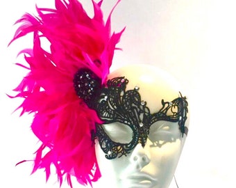 Hot Pink Halloween Mask- Lace Masquerade -Feather Mask