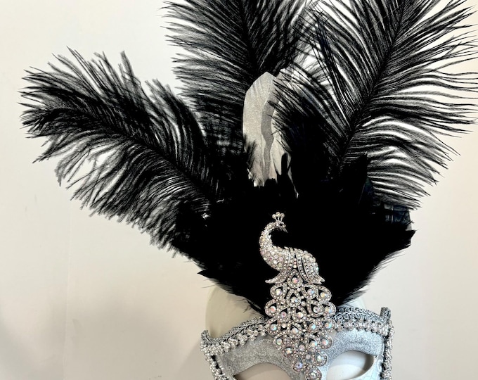 Masquerade Mask- Peacock Mask- Silver Black and white ball