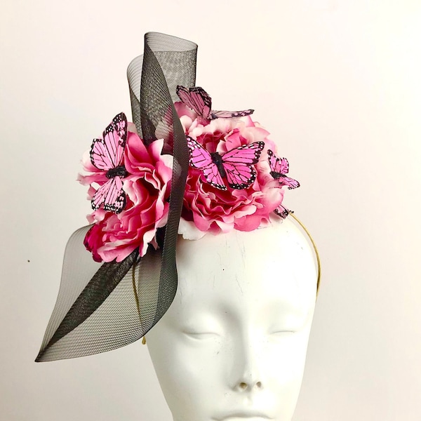 Pink Fascinator- Butterfly Headpiece -Wedding -Horse Race