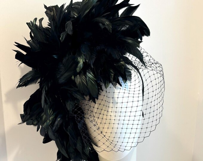 Black Fascinator with Birdcage veil- Feather