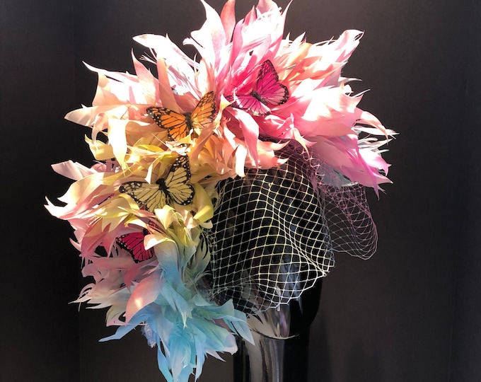 Rainbow Fascinator- Derby- Cocktail hat- Wedding- Butterfly headpiece