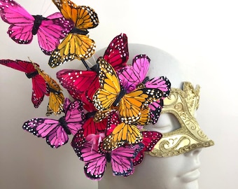 Butterfly mask- Pink orange red Masquerade party- Mardi Gras