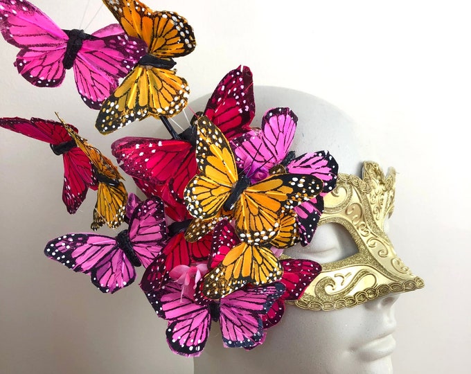 Butterfly mask- Pink orange red Masquerade party- Mardi Gras
