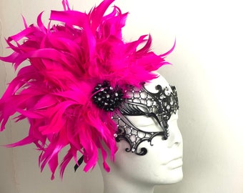 Hot Pink Masquerade Mask- Feather Mask