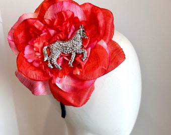 Red Horse Fascinator- Derby headband- Rhinestone fascinator- Polo