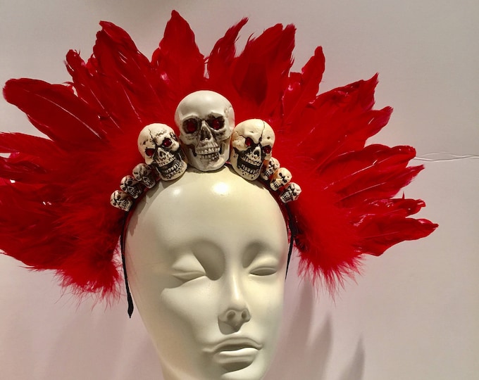 Day of the Dead headband - Skeleton Headdress- Red Feather