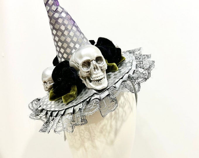 Silver Witch Hat Fascinator- Skull Hat- Day of the Dead