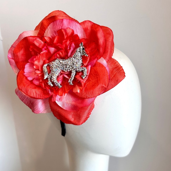 Red Horse Fascinator- Derby headband- Rhinestone fascinator- Polo