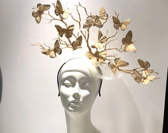 Gold Fascinator- Derby Hat- Butterfly Headpiece- Wedding