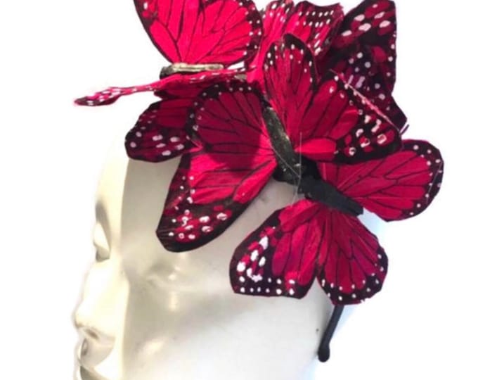 Red fascinator- Butterfly headpiece -Mad Hatter- Wedding