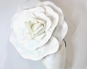 White Rose Fascinators -Derby- Diner en Blanc -Rose with net  Headband