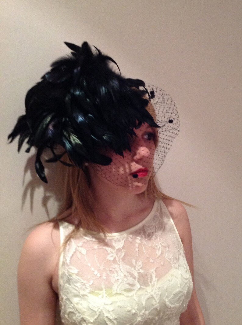 Black Fascinator With Birdcage Veil Feather Etsy