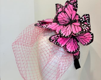 Hot pink fascinator with veil- Butterfly headpiece -Derby- Wedding