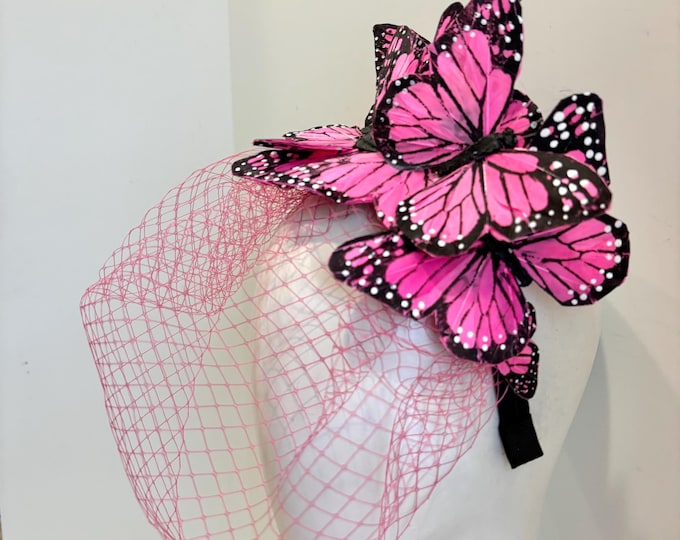 Hot pink fascinator with veil- Butterfly headpiece -Derby- Wedding