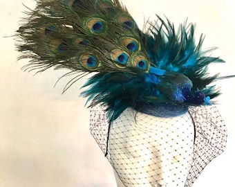 Blue Fascinator- Peacock Headpiece- Mad Hatter- Derby