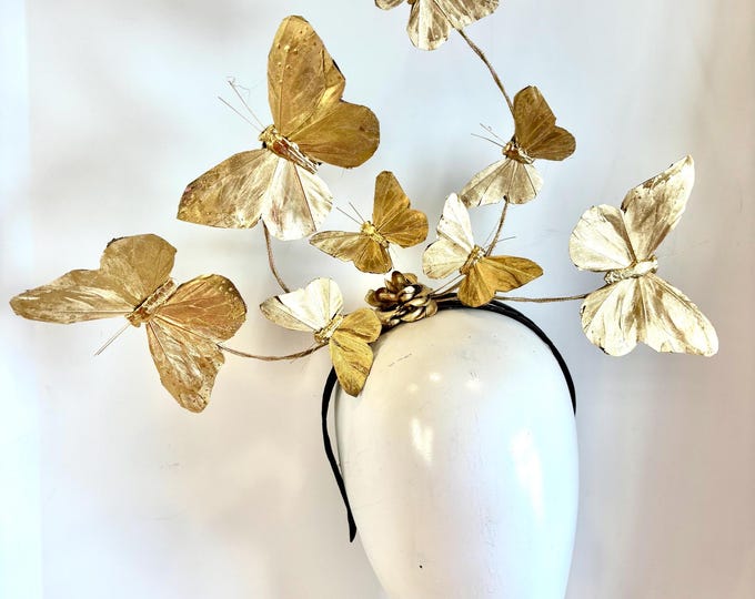 Butterfly Headpiece- Gold Fascinator- Hat Luncheon -Derby