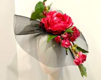 Large Black Flower hats- Wedding- Derby - Floral Fascinators