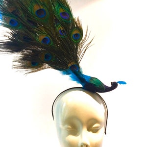May include: A peacock feather headband with a blue and green peacock design. The headband is black and has a simple design.