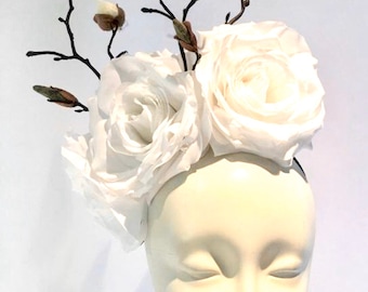 White Fascinator- Rose Headpiece -Flower Hat