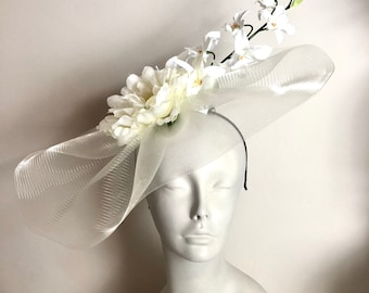 Ivory Fascinator- Derby Hat - Big Brim