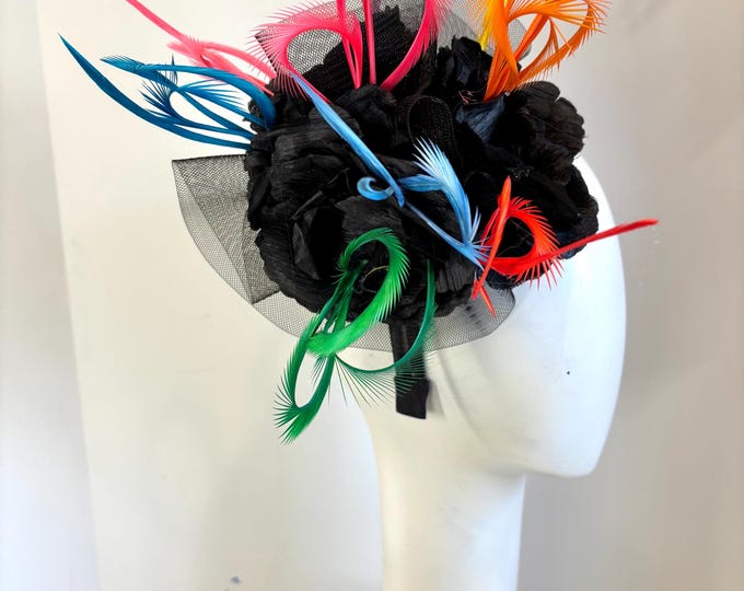 Black Fascinator- Multi color feather hat- Derby