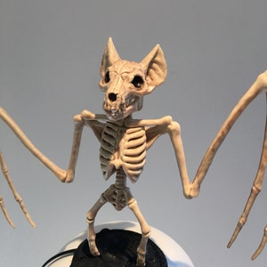 May include: A beige bat skeleton figurine with outstretched wings. The bat skeleton has a detailed skull and rib cage. It is mounted on a white base with a black textured surface.
