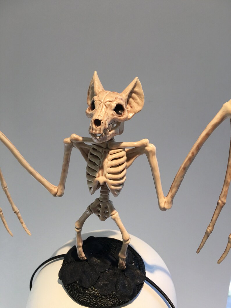 May include: A beige bat skeleton figurine with outstretched wings. The bat skeleton has a detailed skull and rib cage. It is mounted on a white base with a black textured surface.