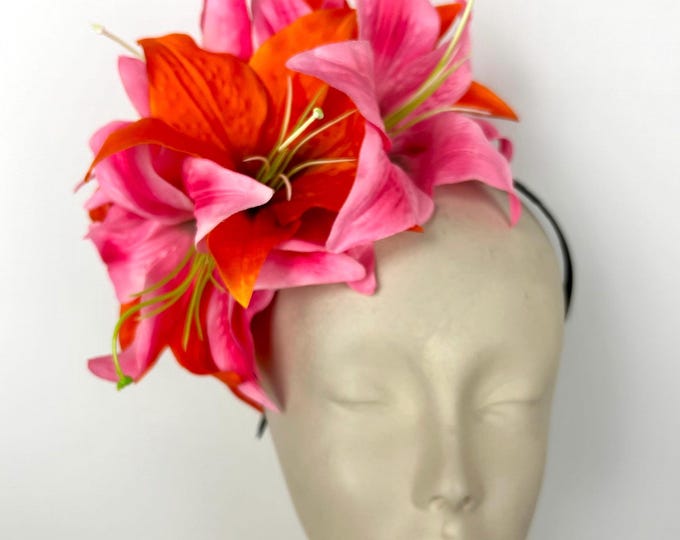 Pink orange Lily Fascinator- Derby- Flower headpiece