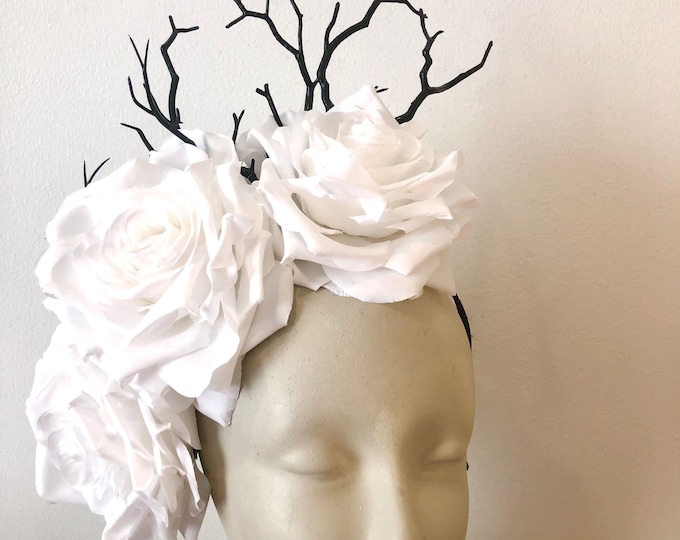White black Fascinator- Rose Headpiece -Derby Flower Hat