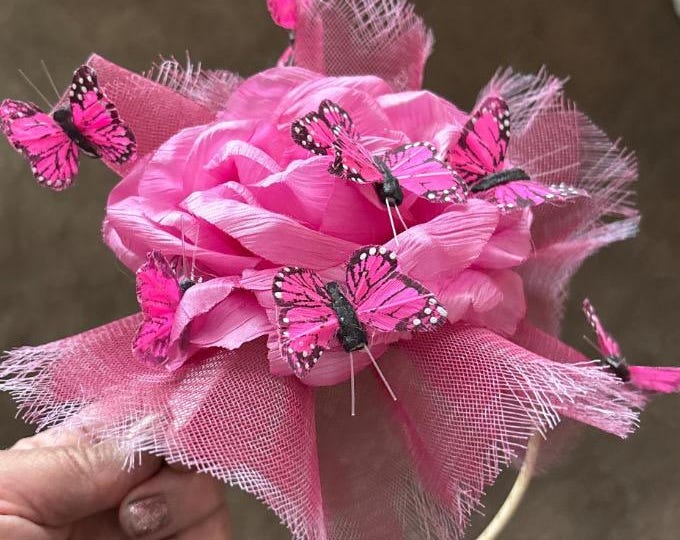 Pink Butterfly fascinator on a tan headband- Sale