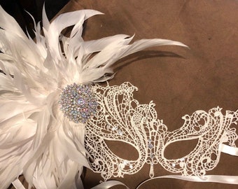 White Lace Mask -Masquerade Mask- white feather