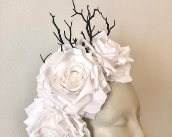 White black Fascinator- Rose Headpiece -Derby Flower Hat