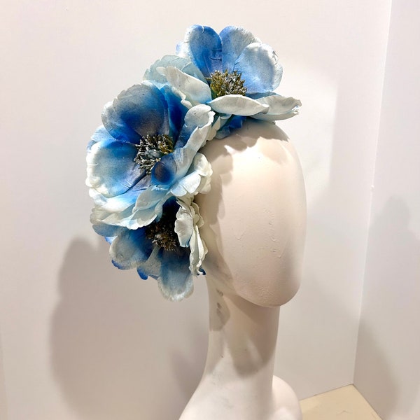 Blue silver Fascinator- Magnolia Derby flower headpiece- Tea party- Easter