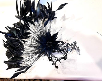 Custom black feather  Masquerade Mask with rhinestones