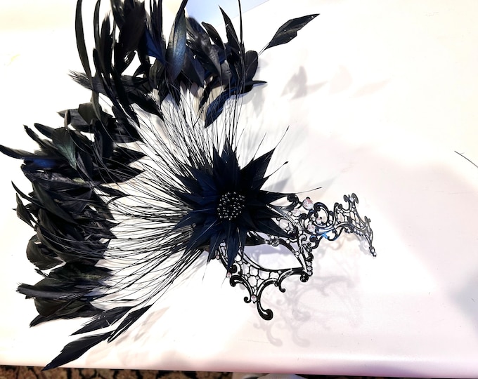 Black feather Masquerade Mask with rhinestones