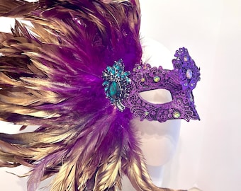 Mardi Gras Masquerade mask- Gold, green and purple Mask on a Stick