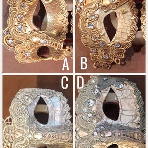 May include: Four gold and silver masquerade masks with lace and rhinestones. The masks have a cracked, textured finish.